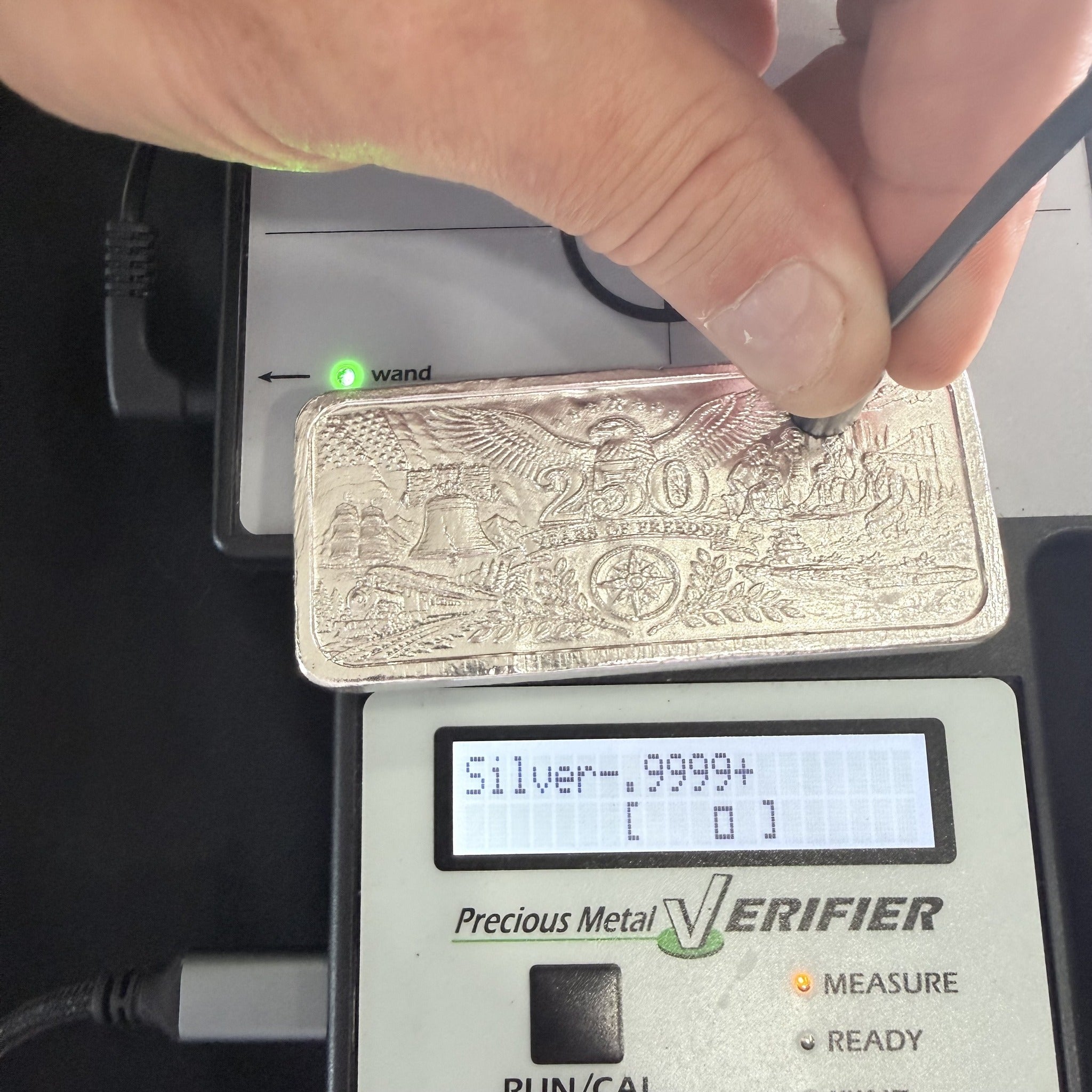 America 250 Sigma Metalytics verification display reading Silver-.999+