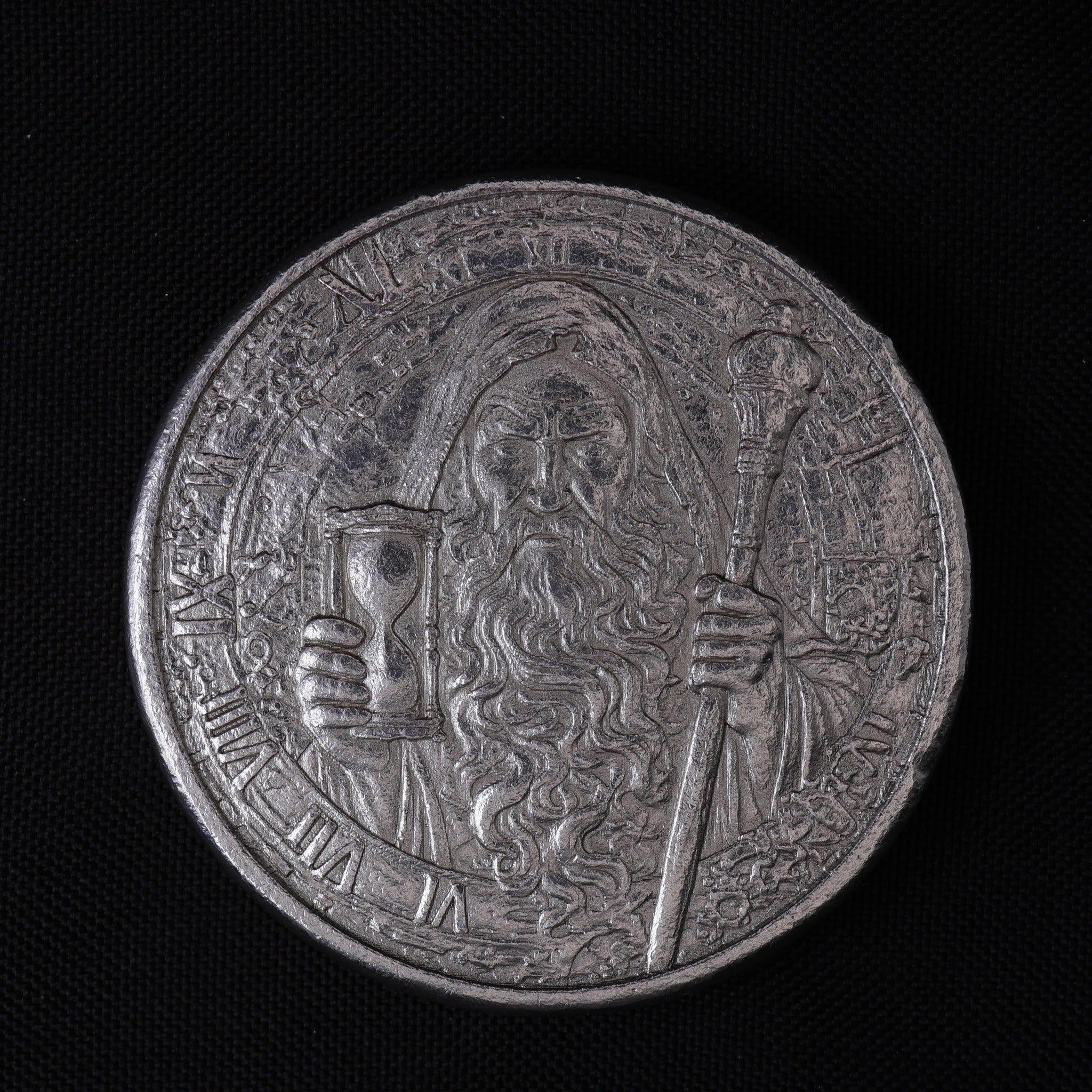 Father Time front with hourglass, staff, and Roman numeral time design