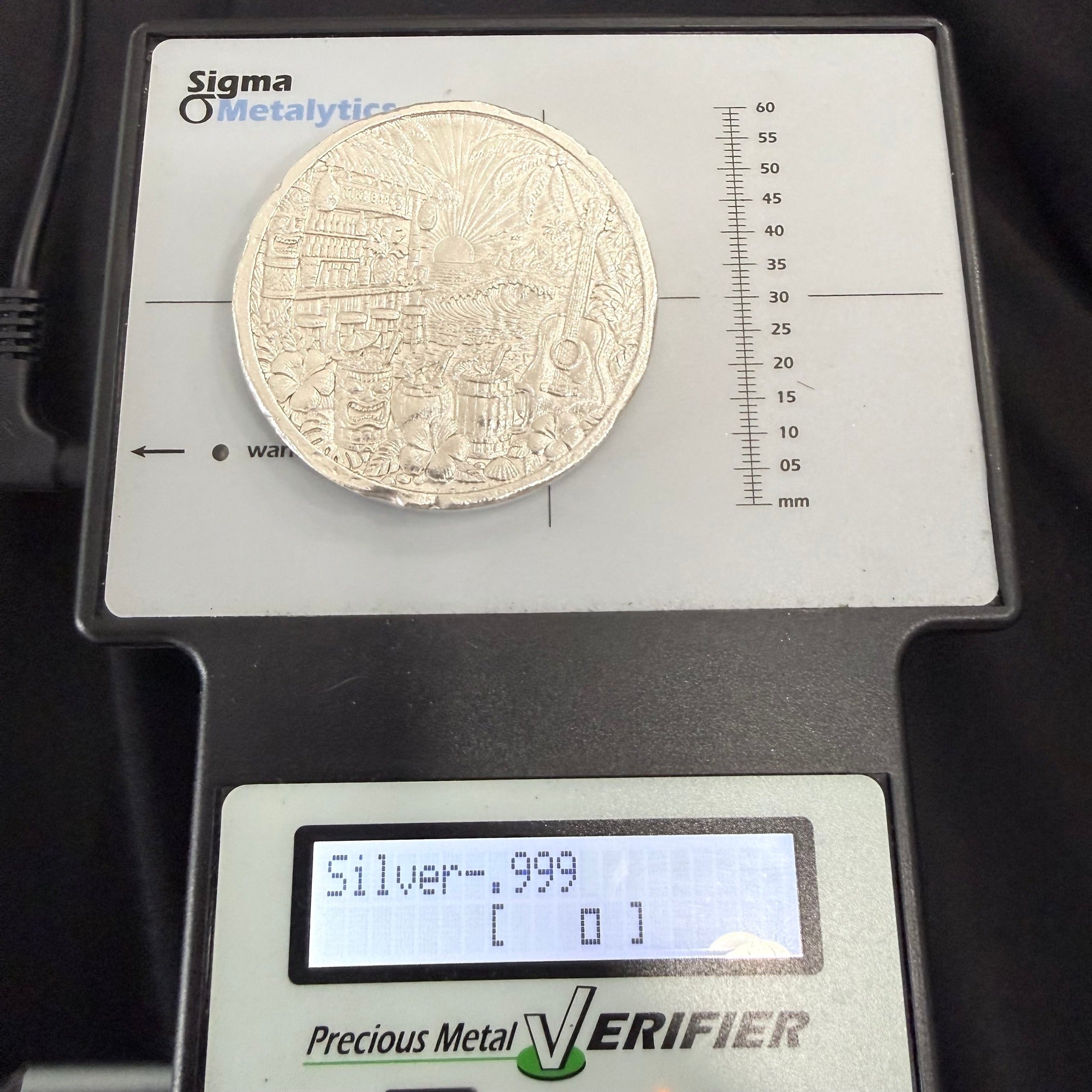 Guitars & Tiki Bars Round Sigma Metalytics verification display reading Silver .999