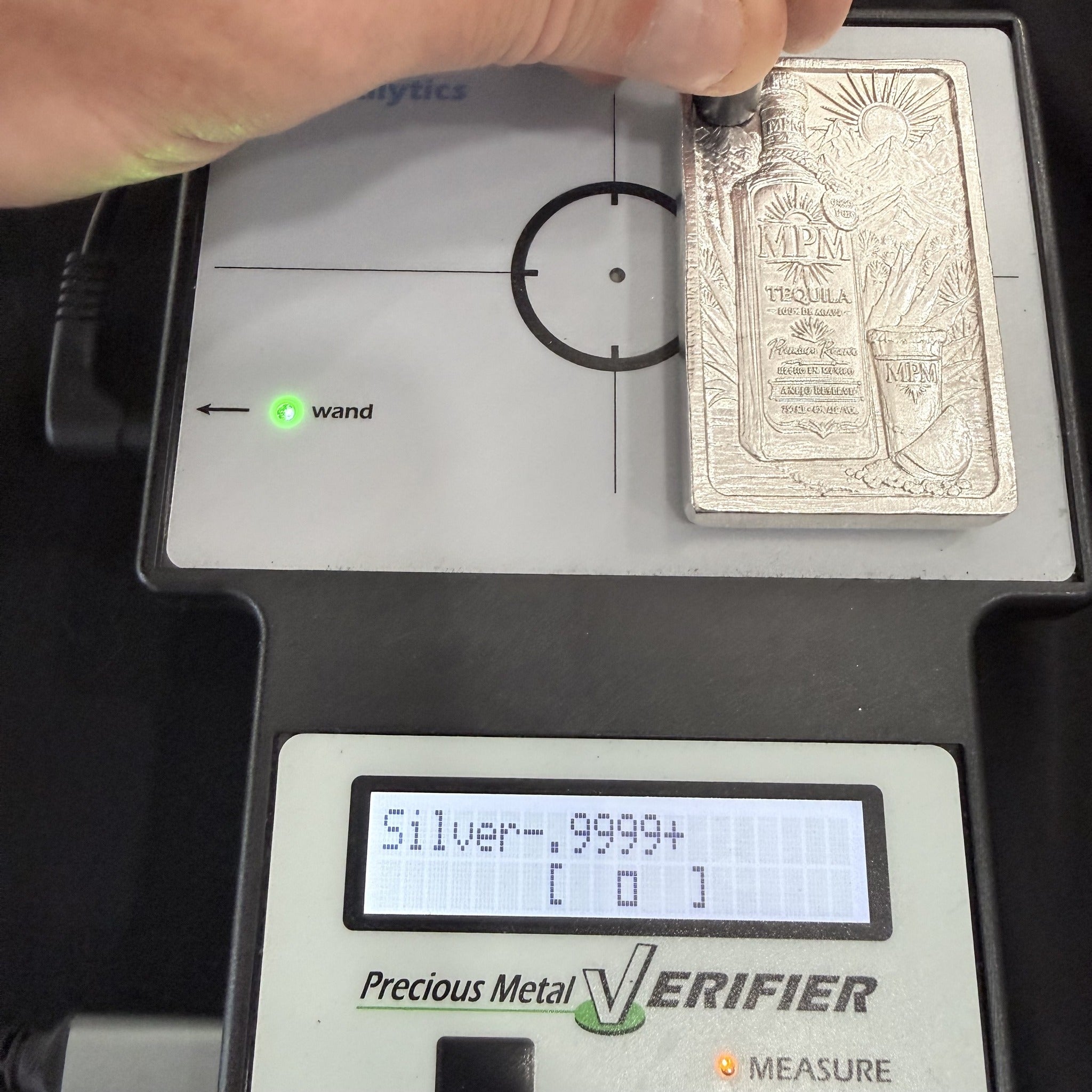 MPM Añejo Reserve Sigma Metalytics verification display reading Silver-.9999+