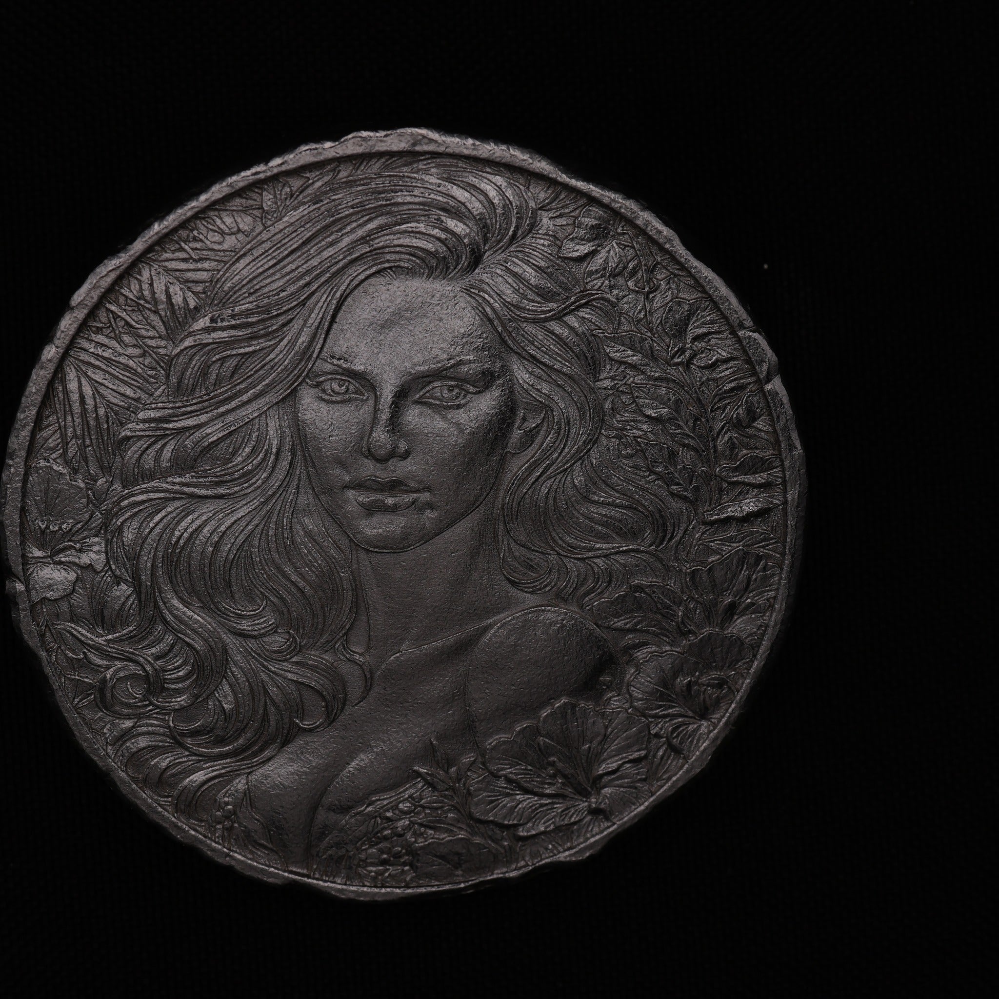 Temptress front female portrait with flowing hair and botanical floral detail